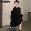 Hollow Out Off Shoulder Women Sweater Loose Casual Punk Knitted Dress Pullover Round Neck Long Sleeve Tops