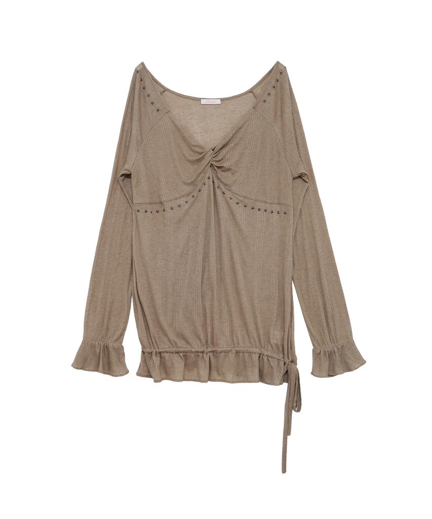 HETIT Sheer Twist Ruffle Blouse (Mocha)