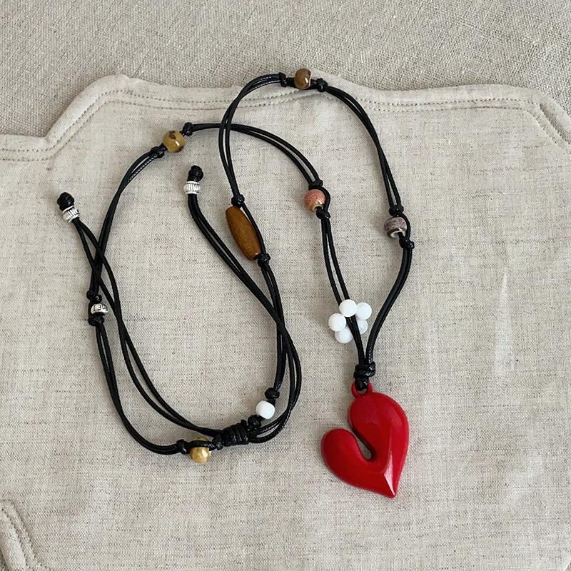 Flowers Beads Irregular Red Black Enamel Love Heart Pendant Necklaces for Women Adjustable Rope Chain Chokers Jewelry