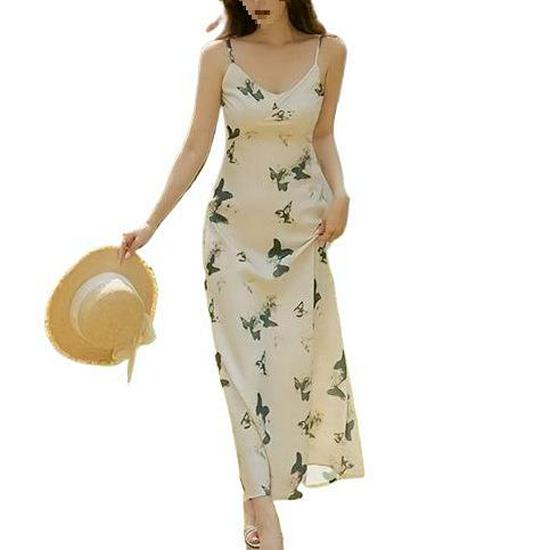 Elegant French Resort-Style Off-The-Shoulder V-Neck Butterfly Print H-Line Dress for Women