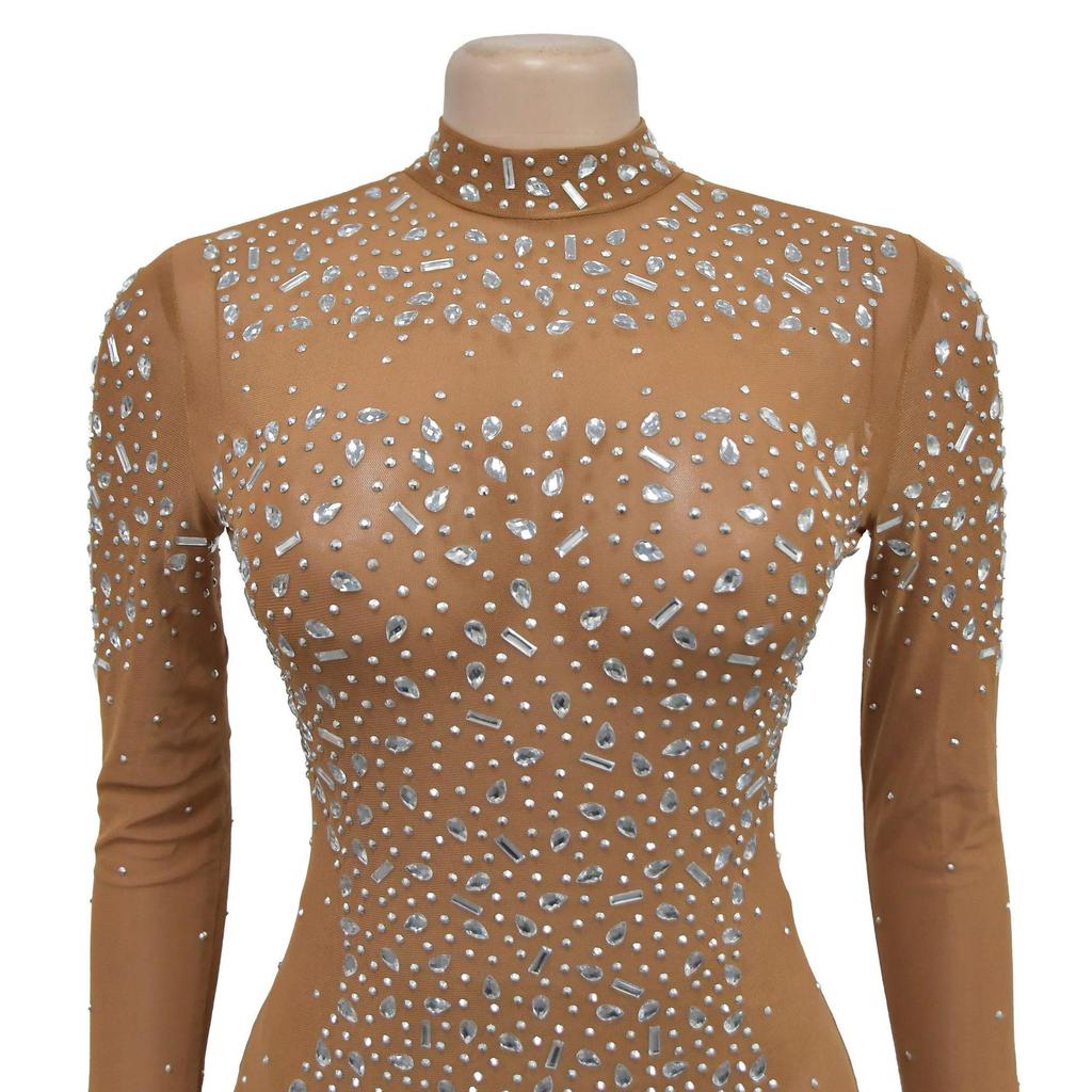 C6890 Evropské a americké dámské maxi šaty s dlouhým rukávem ze síťoviny jednobarevné s horkým vrtáním