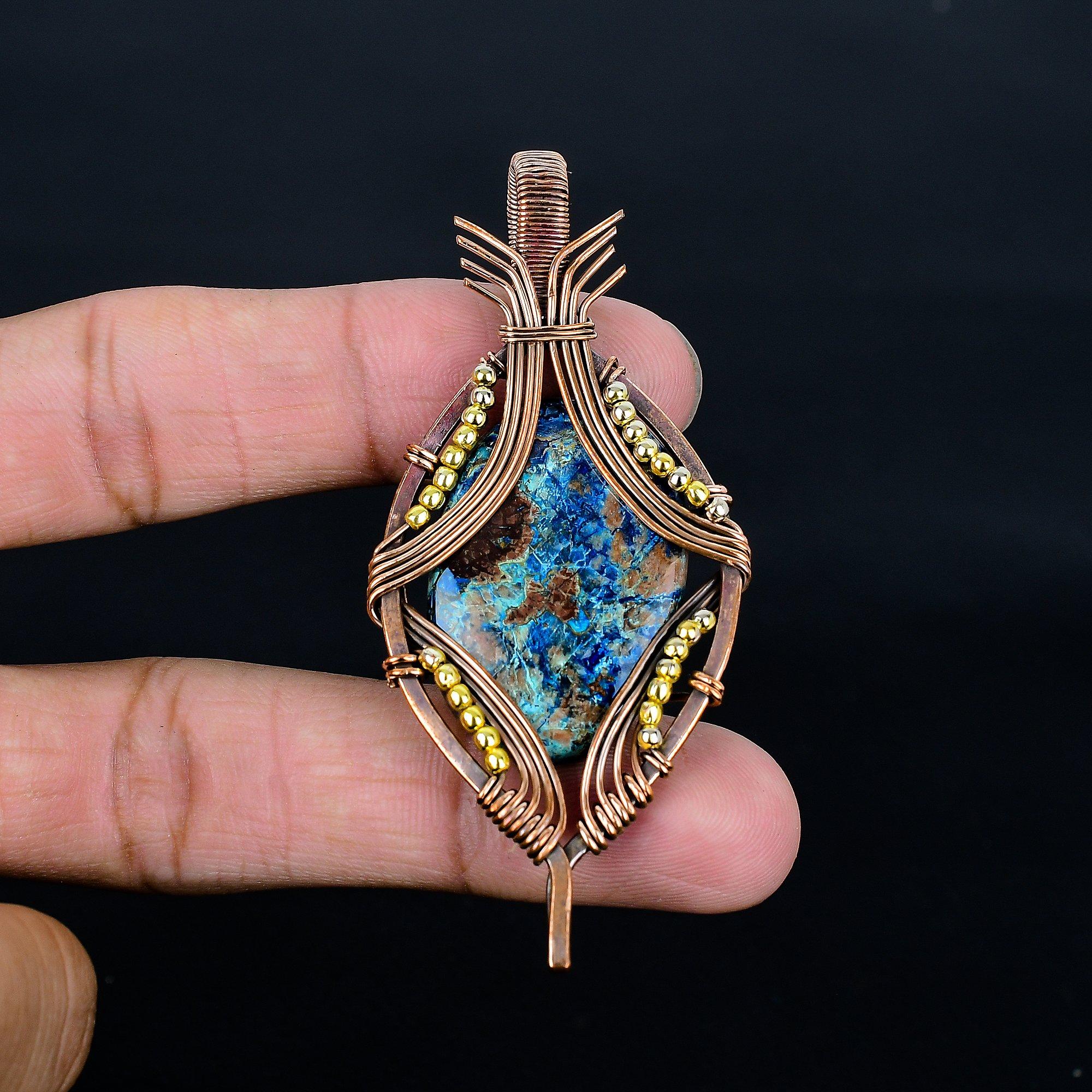 

Azurite Malachite Pendant, 999 Copper Wire Wrapped Gemstone Jewelry, Handmade Pendant, For Thanksgiving 2.55 Inches