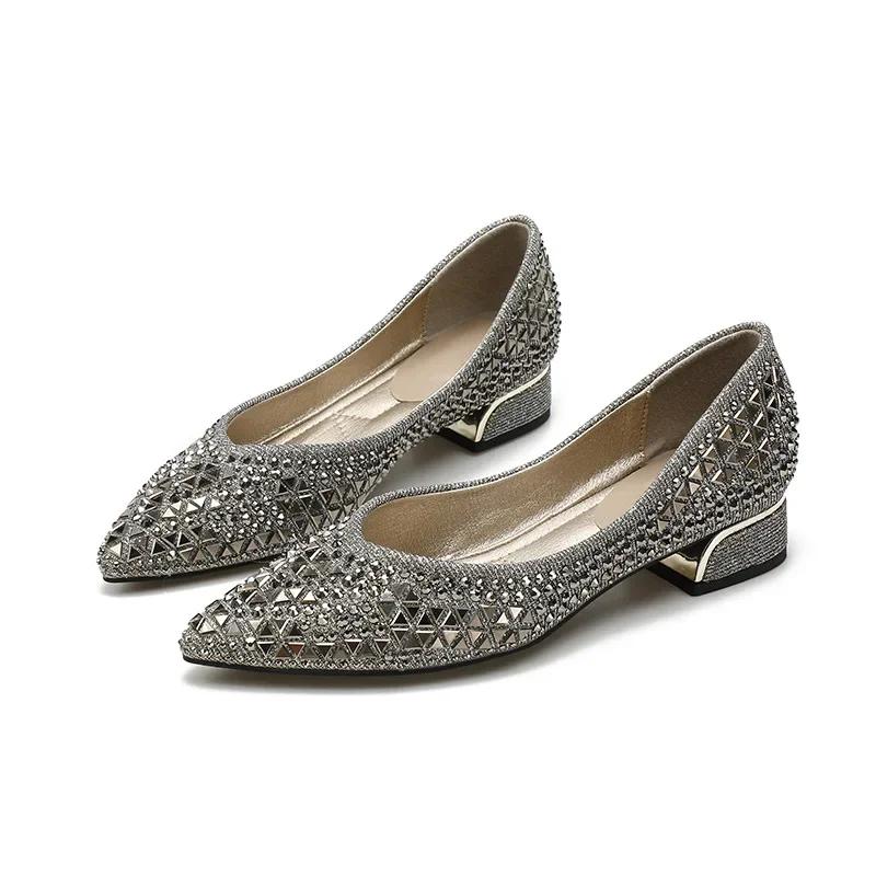 

2026 Designer Woman Trafa Shoes Crystal Pumps Low Heeled Party Bride Wedding Shoes Female Sequin Loafers Ladies Dress High Heels 34 сірий колір