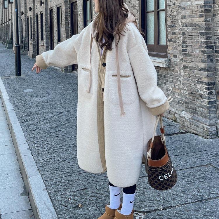 Off-white Hooded Lambswool Jacket for Women In Autumn and Winter Thickened Korean Style Loose Lazy Mid-length Pure Cotton Plush Coat