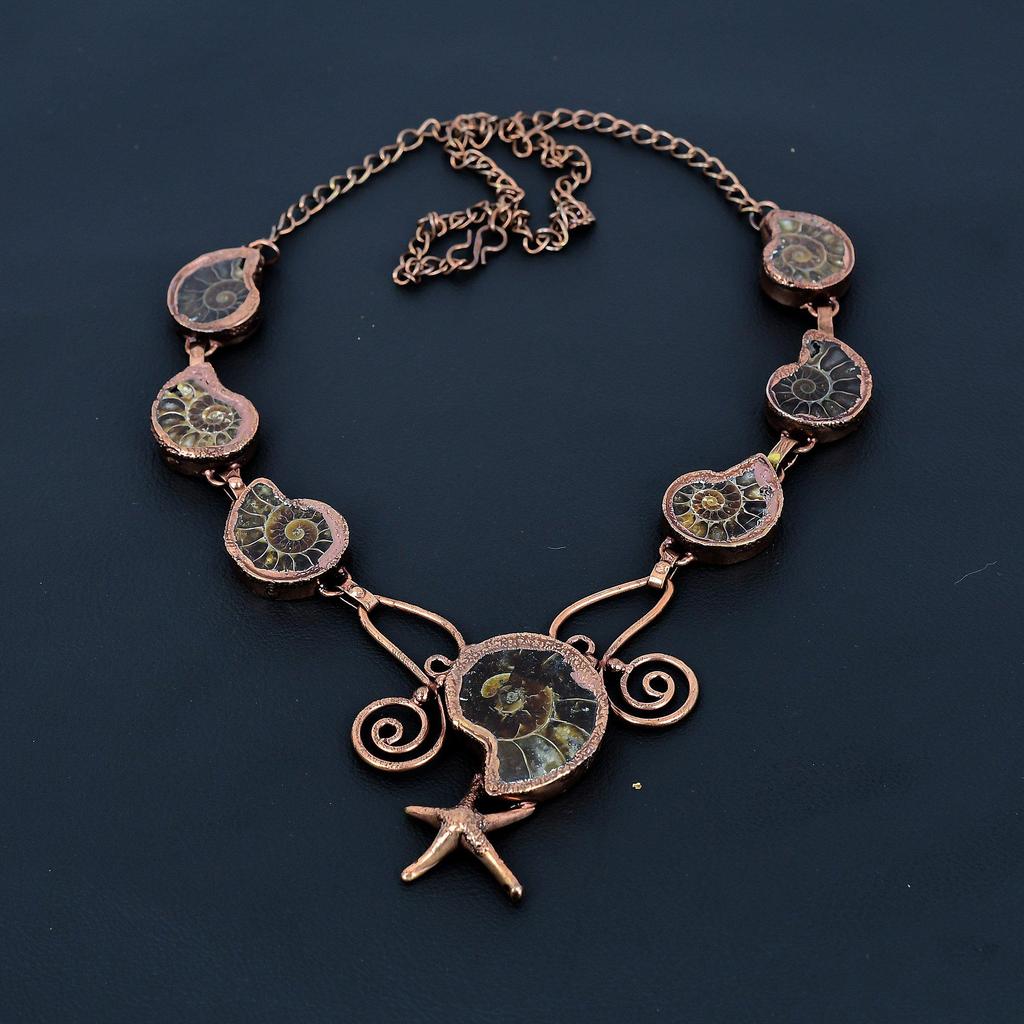 Ammonite Fossil Copper Electroformed Necklace with Adjustable Chain, Handmade Gemstone Jewelry Necklace For Memorial Day