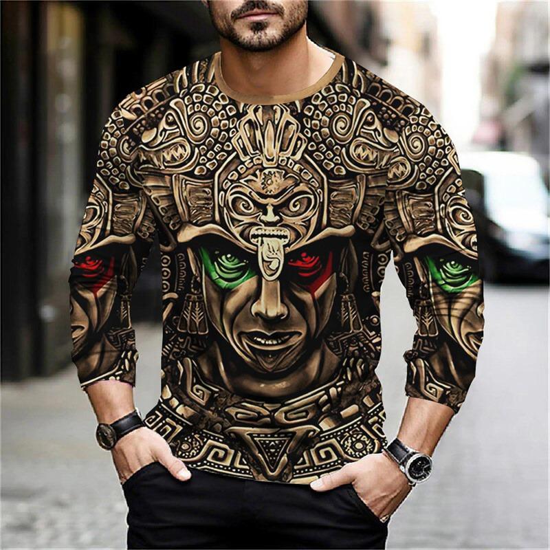 Spring And Autumn Long Sleeve Aztec Graphic Printed T-Shirts Men Street Casual Tops Female Loose Pullover Oversized Clothing Outdoor T Shirts