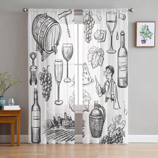 Vintage Venkovský styl Ovoce Jídlo Víno Tyl Závěsy do obývacího pokoje Výzdoba ložnice Průhledný Průsvitný Voál Závěs na okno