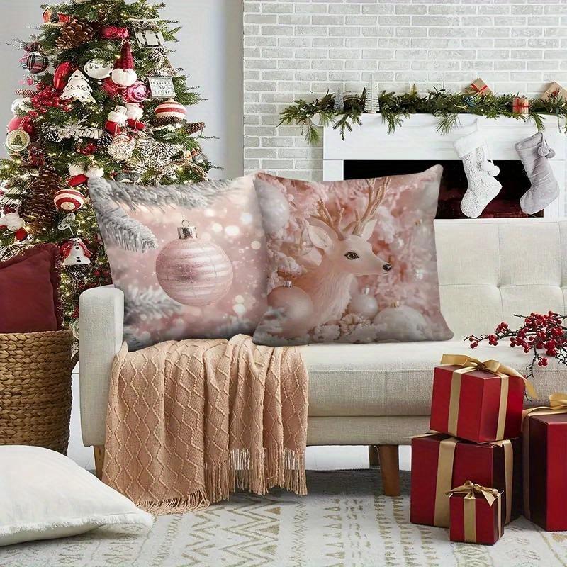 Pink Christmas Pillowcases: Deer, Balls & Frosty Foliage for Festive Flair! Sofas, Bedroom Pillow Covers, Holiday Gifts