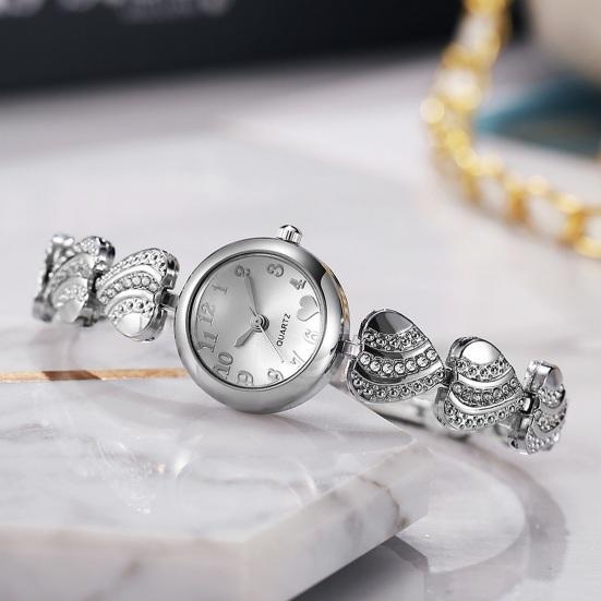 Women Heart Bracelet Watch Rhinestone Quartz Wristwatch Round Dial Elegant Watch for Party Casual Formal Wear