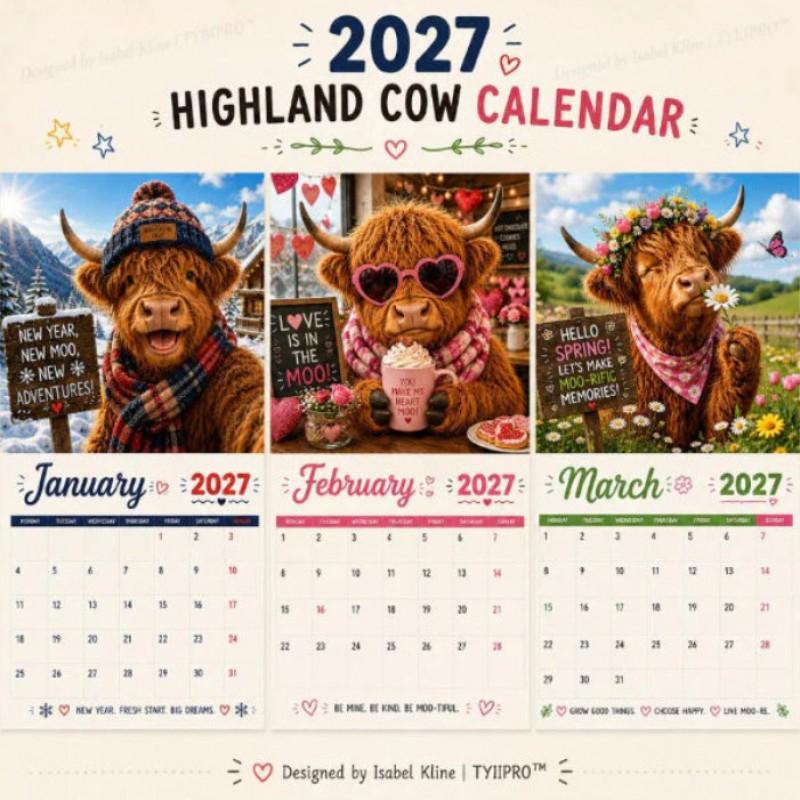 2027 Funny Highland Cow Wall Calendar Cute Animal Monthly Planner Home Office Decor