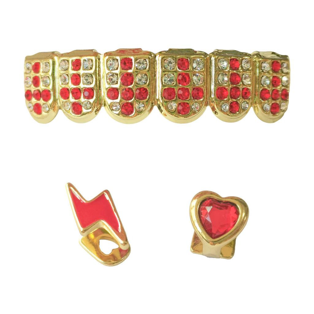 Stylish Hip Hop Grillz Set: Red Diamond Cross & Lightning Gold