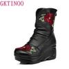 Fashion GKTINOO Embroidered Fashion Women Winter Genuine Leather Boots Handmade Vintage Slip-resistant Boots Wedges Shoes Woman