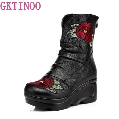 GKTINOO Embroidered Women Winter Genuine Leather Boots Handmade Vintage Slip-resistant Boots Wedges Shoes Woman