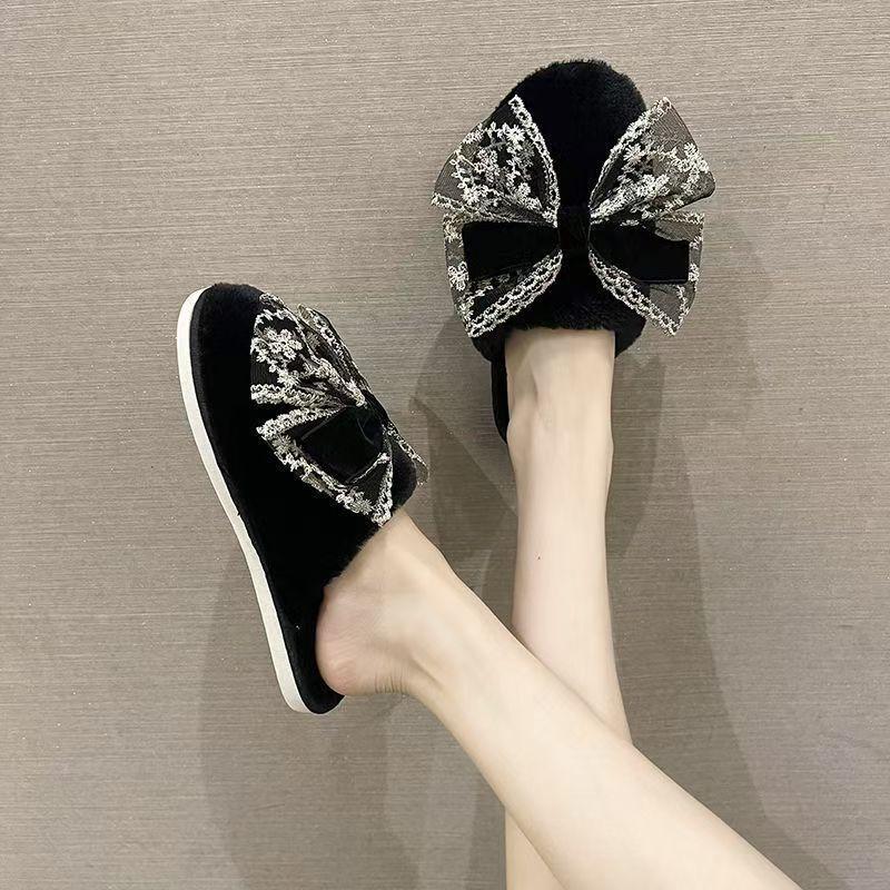 Home Baotou warm and non-slip student cotton slippers 2025 winter new princess style bow cotton slippers women's