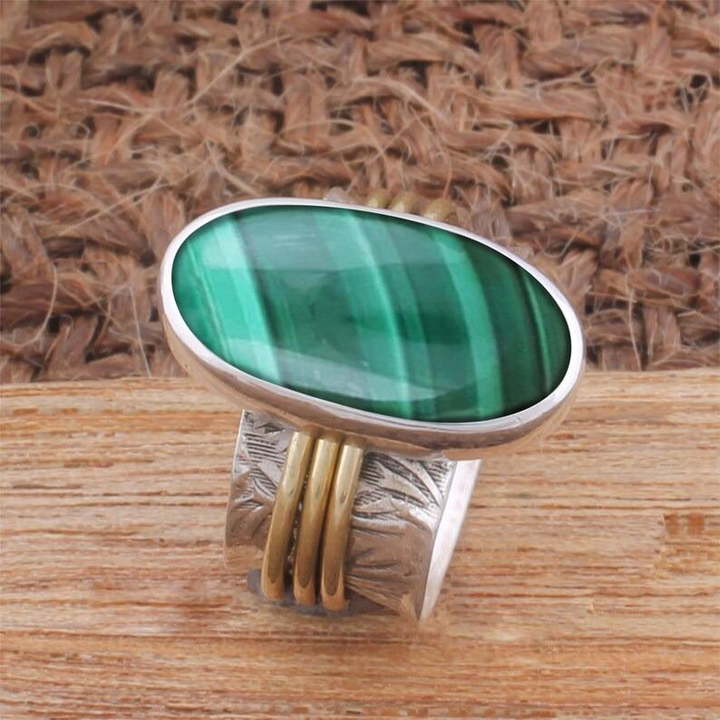 Malachite Big Oval Ring, Solid 925 Sterling Silver Ring, Handmade Ring, Two Tone Ring, Bohemian Ring, Bezel Ring, Unique Gift