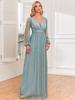 European Style Shiny Pleated Long Sleeve V-Neck A-Line Evening Gown