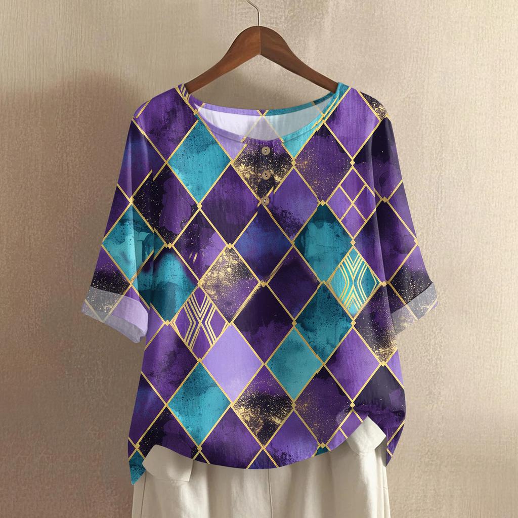 Women's Casual And Comfortable Mid-Length Round-Neck Fashion Print Cotton-Linen Top