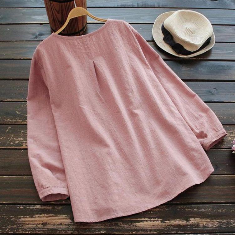 Women Loose Fit Long Sleeve Cotton Linen Shirt Round Neck Pleated Large Size