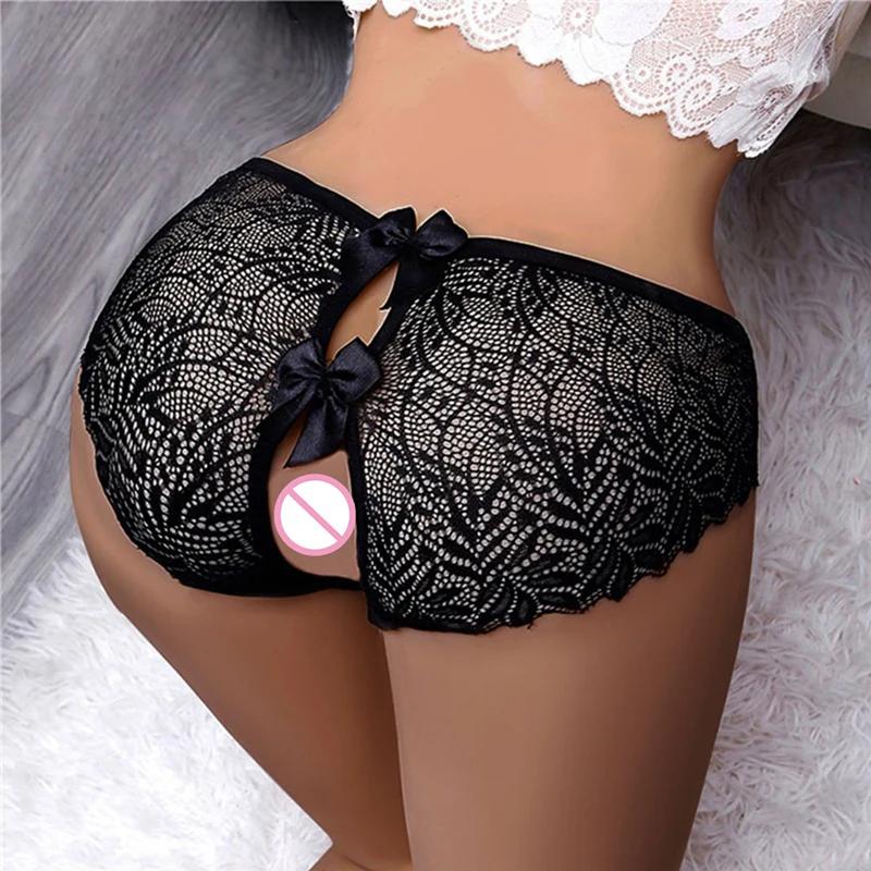 M L XL Plus Size Lace Panties Women Sexy Open Crotch Thongs Temptation Transparent Nightwear Underwear Breathable Lingerie