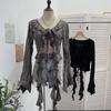 Post-Apocalyptic Style Ruffled Tie-Up Ripped Cardigan, Long-Sleeve Outer Layer