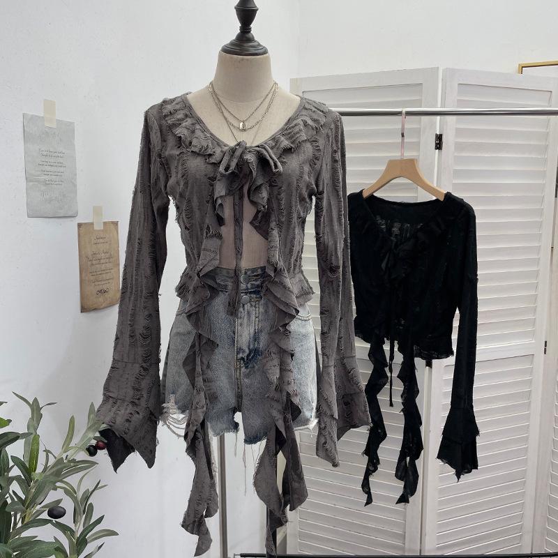 Post-Apocalyptic Style Ruffled Tie-Up Ripped Cardigan, Long-Sleeve Outer Layer