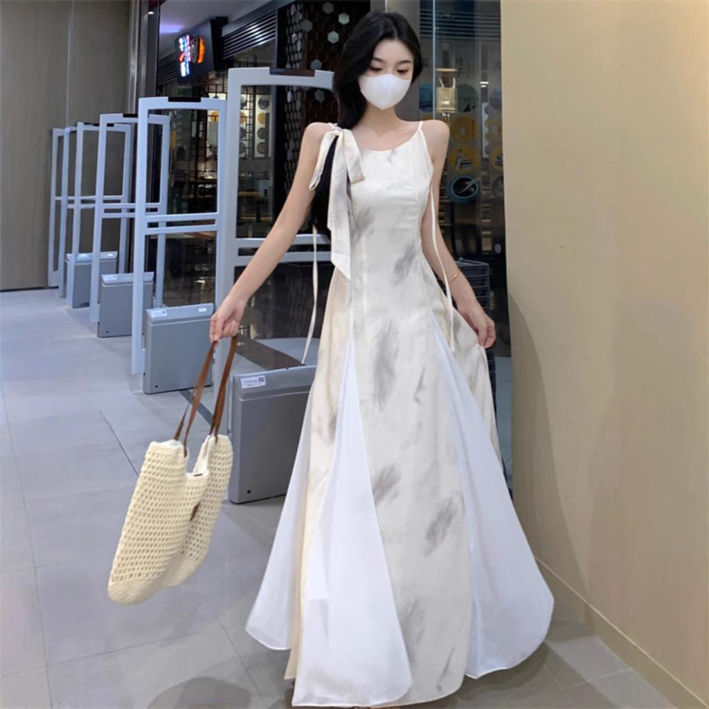 Retro Ink Printing Suspender Dress for Women's Summer Waist and Thin Big Swing Skirt A-shaped Long Dress