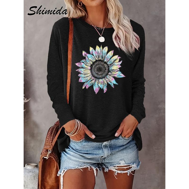 Sunflower print simple long-sleeved T-shirt