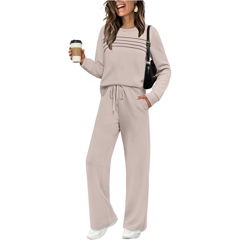 2025 Autumn Women's Set: Long-Sleeve Round Neck Top with Elastic Waist Wide-Leg Trousers