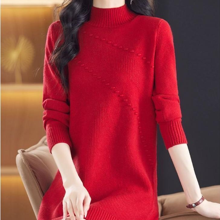 Svetr s polovičním rolákem pro ženy Ležérní jednobarevný středně dlouhý pletený svetr Volný pletený svetr s dlouhým rukávem na podzim a zimu