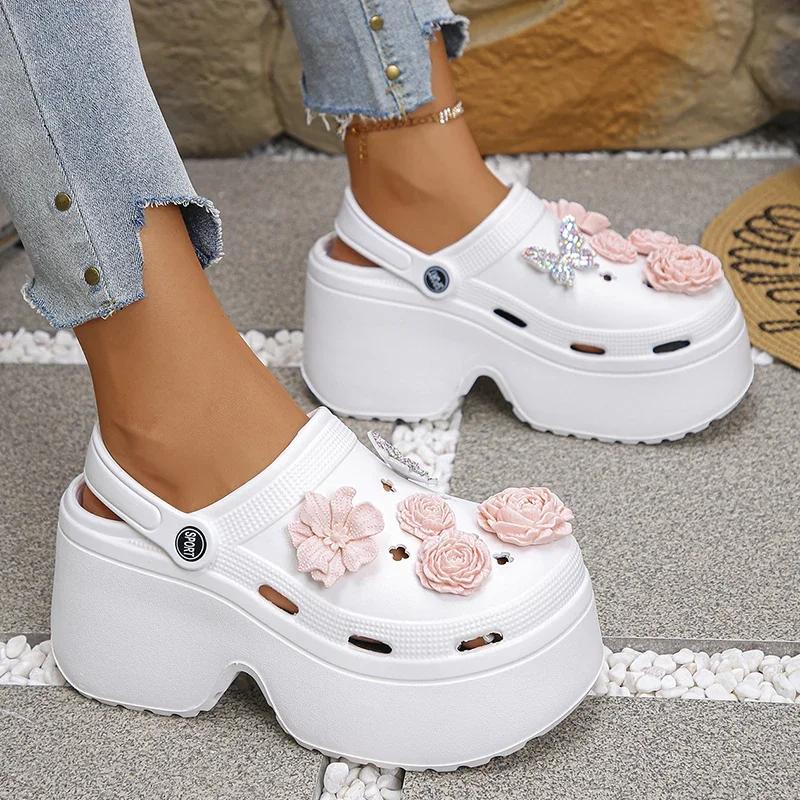 Fashion Chunky Platform Big Flower Clogs for Women Summer 2025 High Heels Soft Eva Sandals Woman Fashion Crystals Butterfly Wedges Shoes