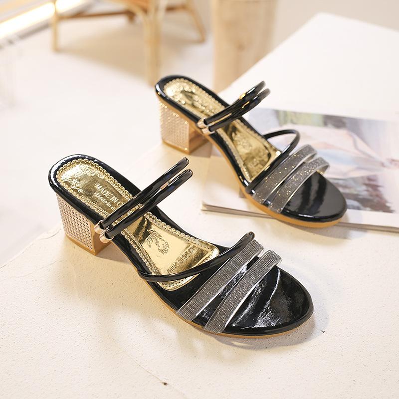 Rhinestone sandals women's summer new thick heel open toe middle heel versatile one shoe two wear sandals women's shoes
