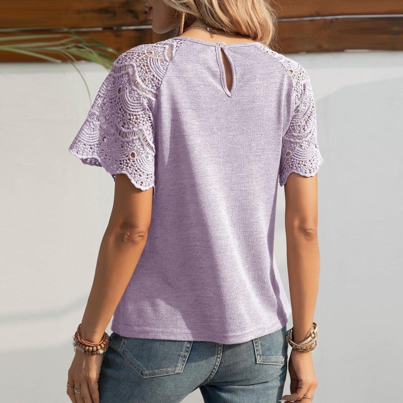 Summer Women T-shirt Fashion Round Neck Lace Short Sleeve Top