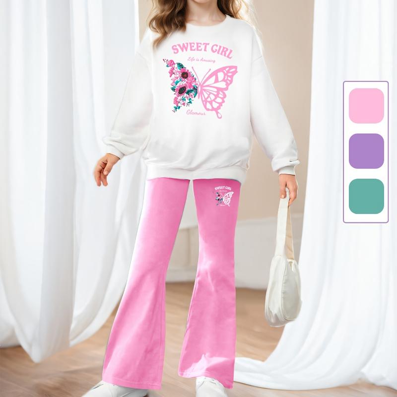 

Комплект из 2 предметов для девочек, толстовка с длинными рукавами и принтом «бабочка» + расклешенные брюки, повседневный детский костюм на осень 11-12Y розовый
