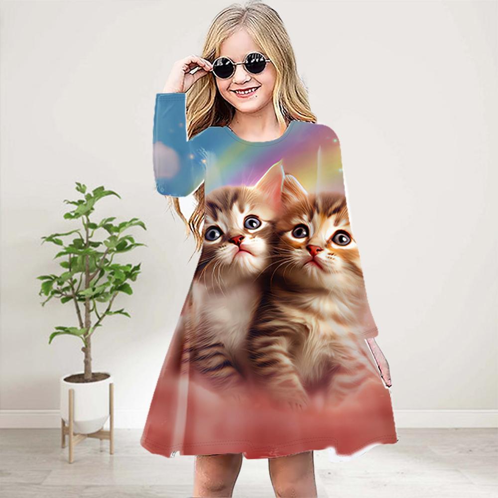 Mädchen Casual 3D Druck süße orange Katze Rundhals Langarm Kleid Kind Prinzessin Kleid