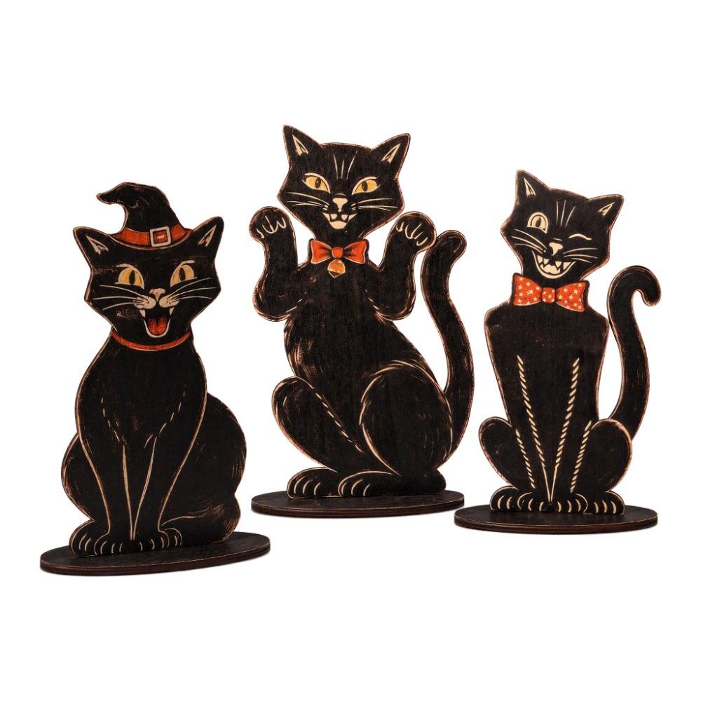 3 Pcs Wooden Halloween Decorations Vintage Cat Decorative Plaques Sitting Cat Statue Study Room