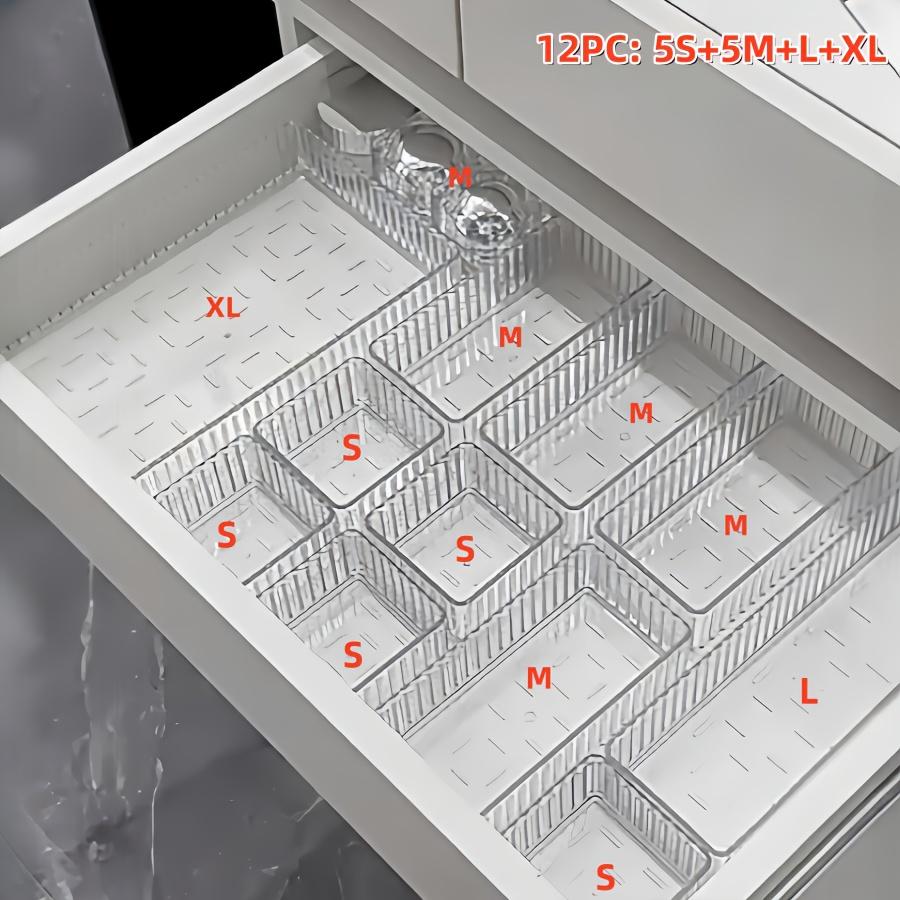 

12 шт. Регулируемые акриловые разделители для ящиков - Органайзер для экономии места для стола, туалетного столика и офисных принадлежностей. Идеально подходит для хранения косметики и канцелярских товаров. 12PCS【5S+3M+L+XL】 прозрачный
