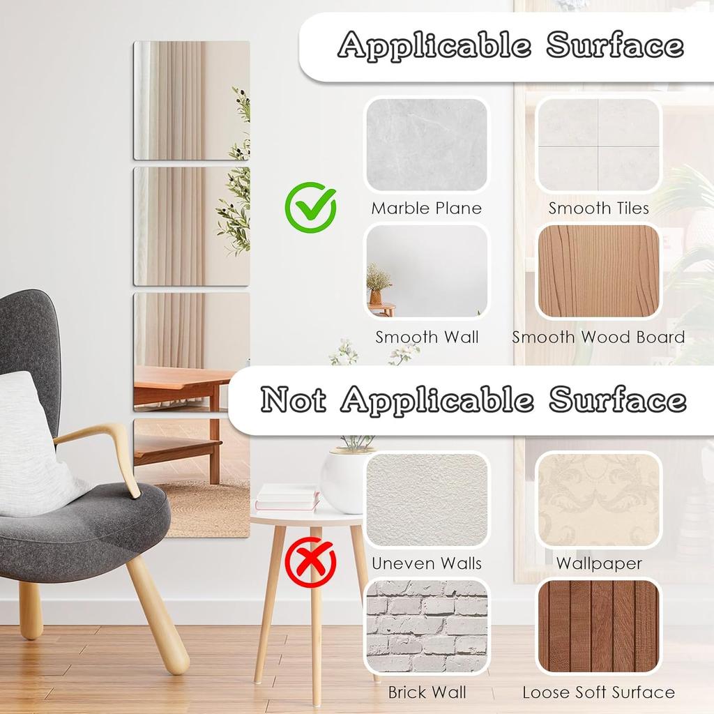 4 Pack Shatterproof Acrylic Mirrors Tiles Self Adhesive Wall Mirror Stickers Unbreakable Plastic Full Length Mirror Sheets Decors for Home Bathroom