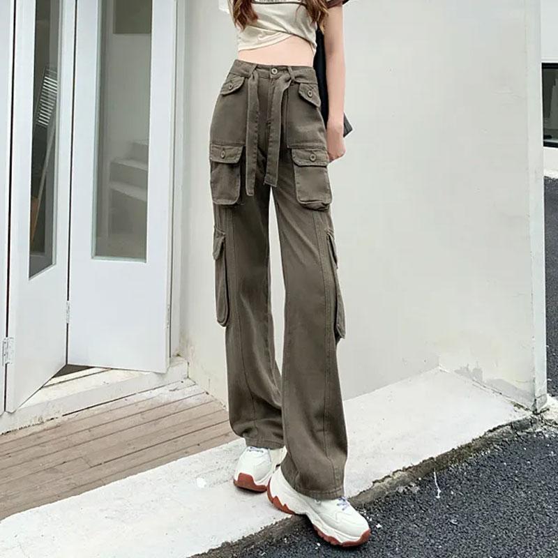 Fashion Multi-Pocket Casual Cargo Pants Female Clothing Wide Leg Spring Autumn Safari Style High Waist Drawstring Basic Trousers