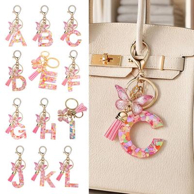 Portachiavi Serie Rosa Ciondolo Paillettes Cuore Lettera Iniziale Fascino Portachiavi con Farfalla