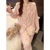 Wrinkle Fabric Sleepwear Spring Collection Sweet Striped Long Sleeve Korean Style Casual Wearable Home Set