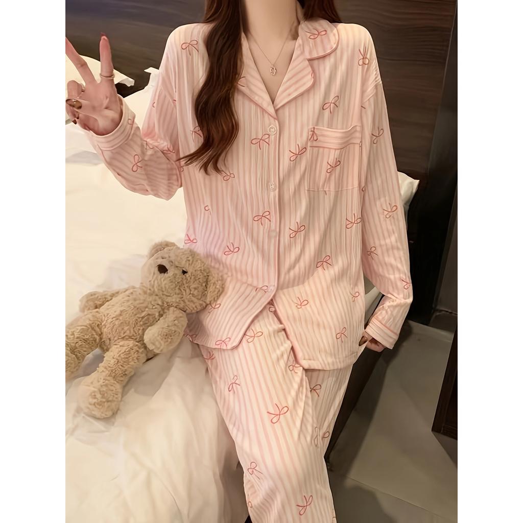 Wrinkle Fabric Sleepwear Spring Collection Sweet Striped Long Sleeve Korean Style Casual Wearable Home Set