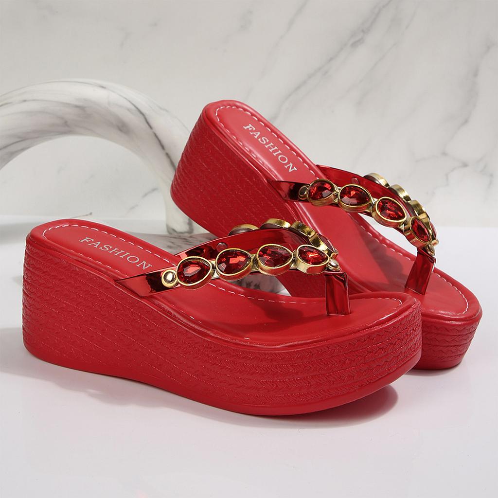 Women Bohemian Platform Wedge Sandals Rhinestone Thick Sole High Heel Slip On Summer Footwear Fashion Style