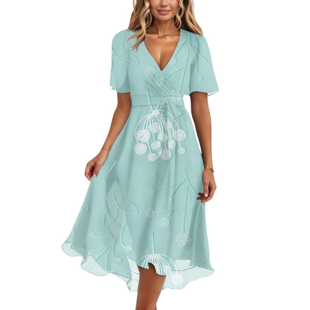 Damenmode Lässig V-Ausschnitt Kurzarm Rüschen Vintage Bedruckte Kleider