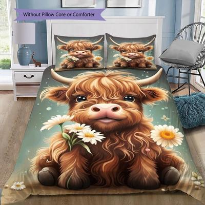 Cute Highland Cow Calf White Daisy Flower Print 3 Pieces Duvet Cover Set Farm Animal Bedding Bedroom Home Decor Without Pillow Core Comforter