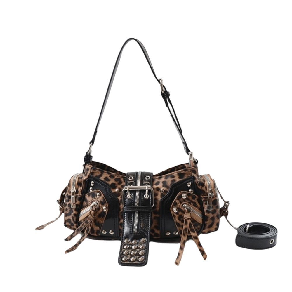 PU Leather Gothic Rivet Shoulder Bag Leopard Print Polyester Lining Underarm Bag Black Color Multi Strap Crossbody Bags Date
