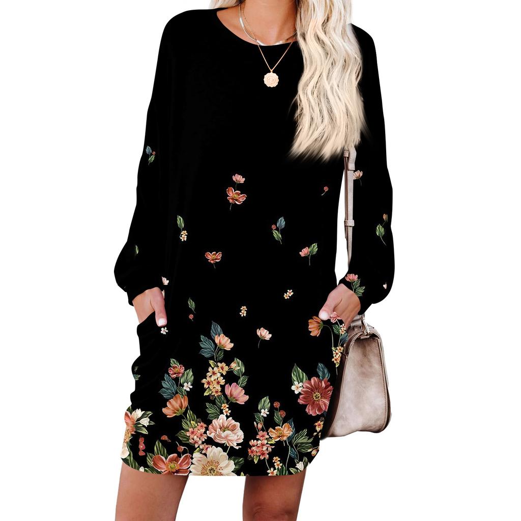 Damen Retro Bedrucktes Modisches Langarm Rundhals Taschenkleid