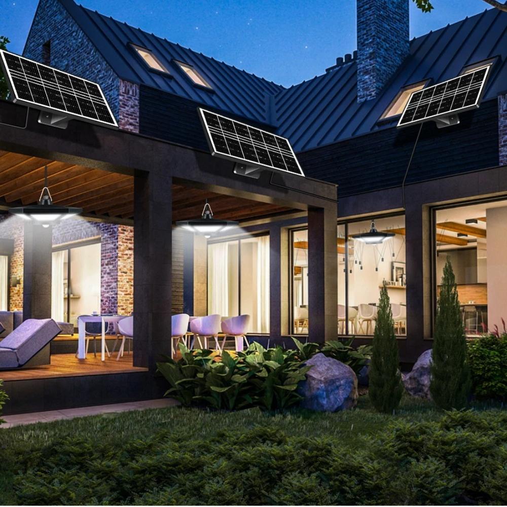 Lampe solaire suspendue pour abri de jardin, intérieur/extérieur, 180 LED, 1000 lm, avec télécommande, idéale pour grange, tonnelle ou garage.