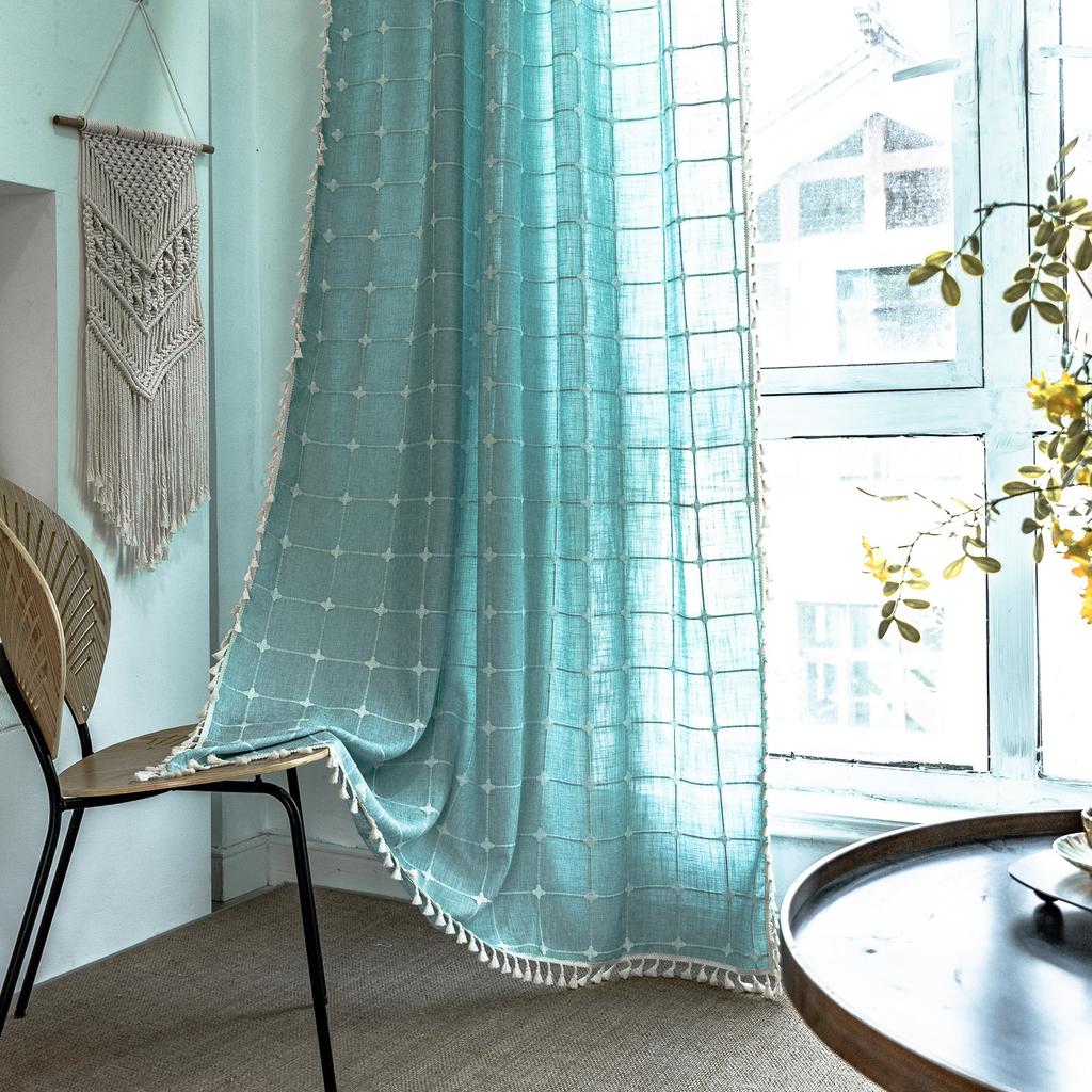 Curtain Finished Grey Plaid Embroidered Farmhouse Decorative Blackout Half Curtain Bohemian Curtain