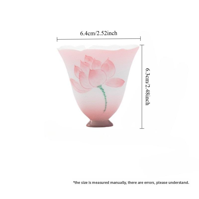 Pink Hand-Painted Lotus Ceramic Tea Cup - Flared Rim Zen Tea Bowl for Kung Fu Ceremony, Floral Design High-Stem Sipping Cup