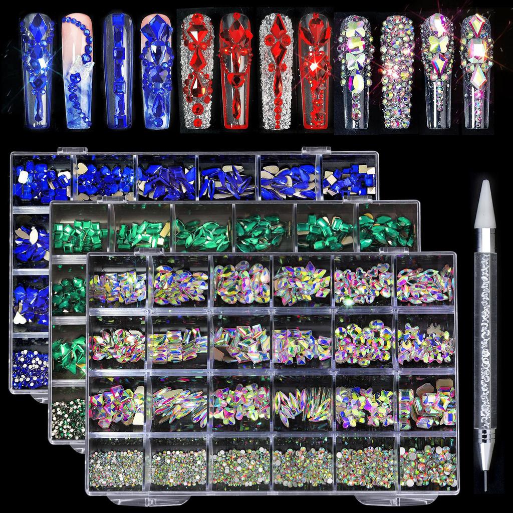 Nail Crystal Rhinestones Kit,Mix Shape AB Glass,3D Diamonds Flatback Crystals with Drill Pen,Nail Crystal,Nail Art Decor